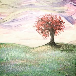 Watercolor painting of tree and abstract sky.